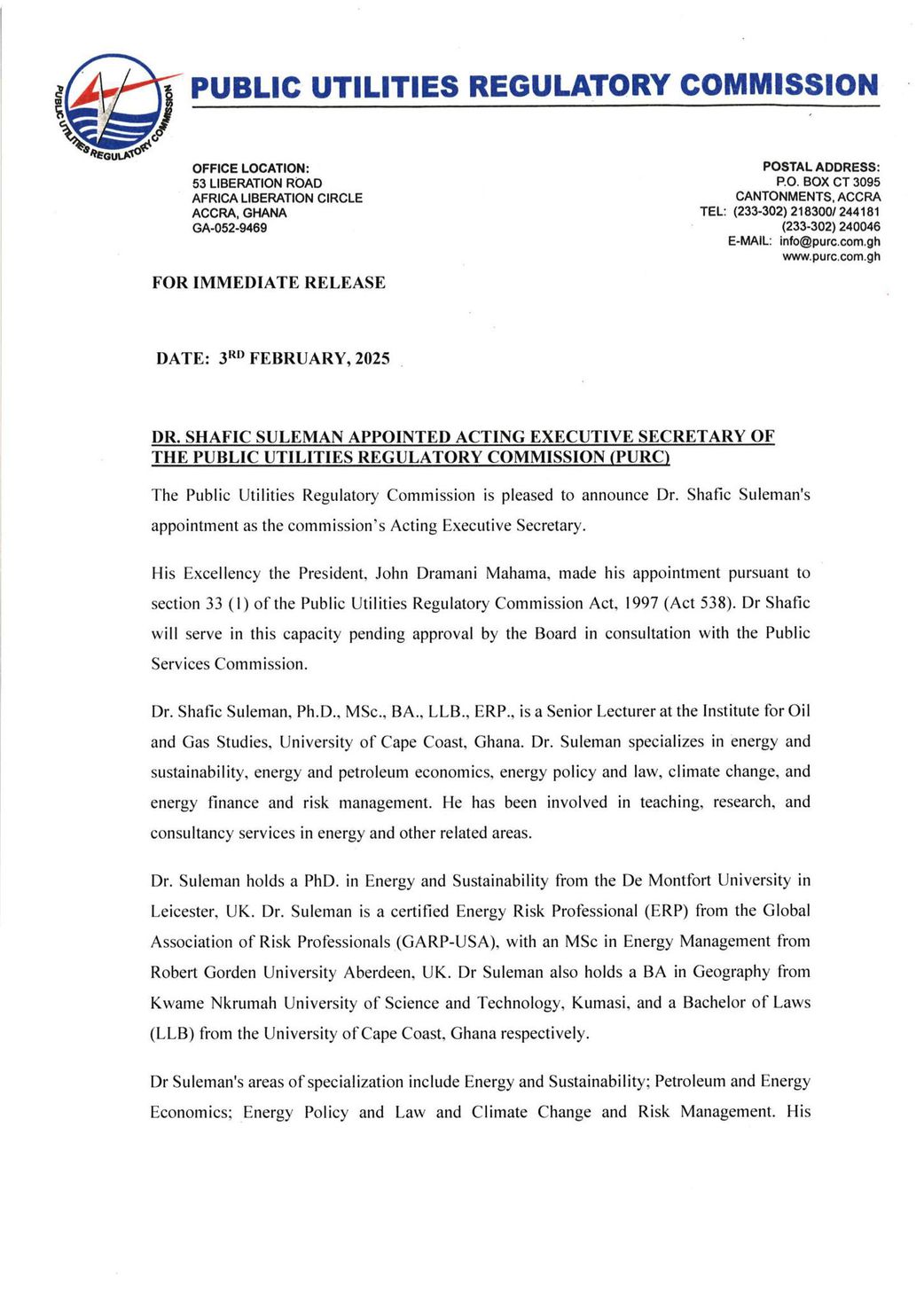 Dr Shafic Suleman named acting Executive Secretary of PURC