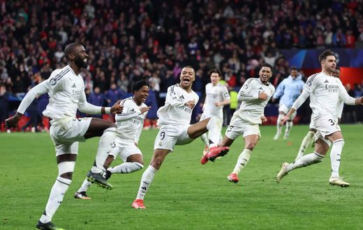 Madrid player celebrates after dramatic penalty shootout victory over Atlético Madrid in the round of 16.
