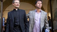 Krzysztof Charamsa (left) and his boyfriend Eduard. Last month the former senior Vatican aide announced at a press conference that he was gay and in love. Photograph: Alessandra Tarantino/AP