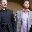 Krzysztof Charamsa (left) and his boyfriend Eduard. Last month the former senior Vatican aide announced at a press conference that he was gay and in love. Photograph: Alessandra Tarantino/AP