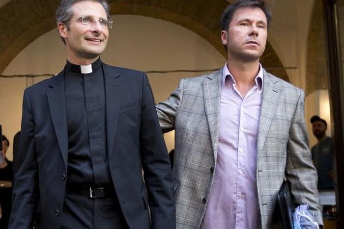 Krzysztof Charamsa (left) and his boyfriend Eduard. Last month the former senior Vatican aide announced at a press conference that he was gay and in love. Photograph: Alessandra Tarantino/AP