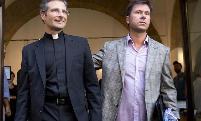 Krzysztof Charamsa (left) and his boyfriend Eduard. Last month the former senior Vatican aide announced at a press conference that he was gay and in love. Photograph: Alessandra Tarantino/AP