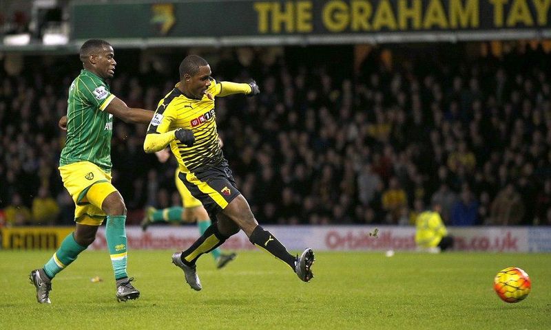 Odion Ighalo scores for Watford against Norwich.