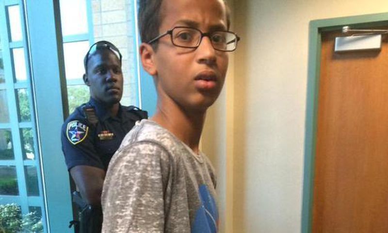 Ahmed Mohammed looking surprised after he was handcuffed