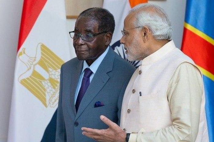 Indian Prime Minister Narendra Modi and Zimbabwean President Robert Mugabe at the India Africa Forum Summit 2015