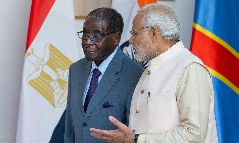 Indian Prime Minister Narendra Modi and Zimbabwean President Robert Mugabe at the India Africa Forum Summit 2015