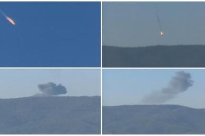 A combination picture taken from video shows a war plane crashing in flames in a mountainous area in northern Syria after it was shot down by Turkish fighter jets near the Turkish-Syrian border November 24, 2015.