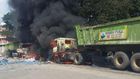 A truck burnt by Mombasa Technical University students