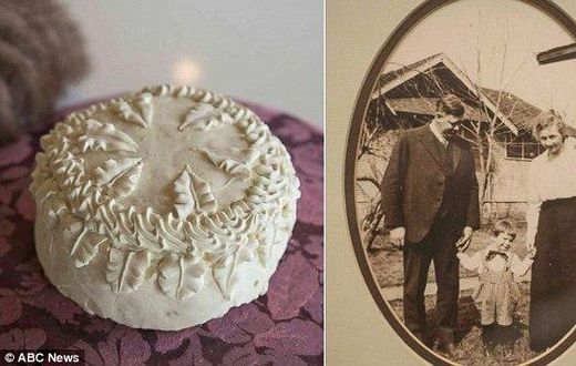 Ronald Warninger came across the 100-year-old cake, left, when cleaning out his garage. It was made for the marriage of his grandparents Harvey and Inez Warninger, right
