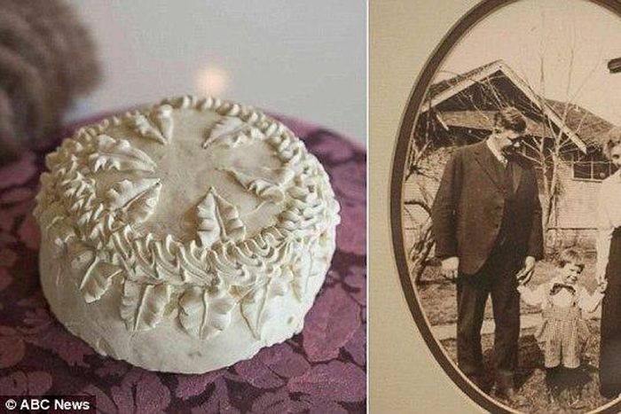 Ronald Warninger came across the 100-year-old cake, left, when cleaning out his garage. It was made for the marriage of his grandparents Harvey and Inez Warninger, right