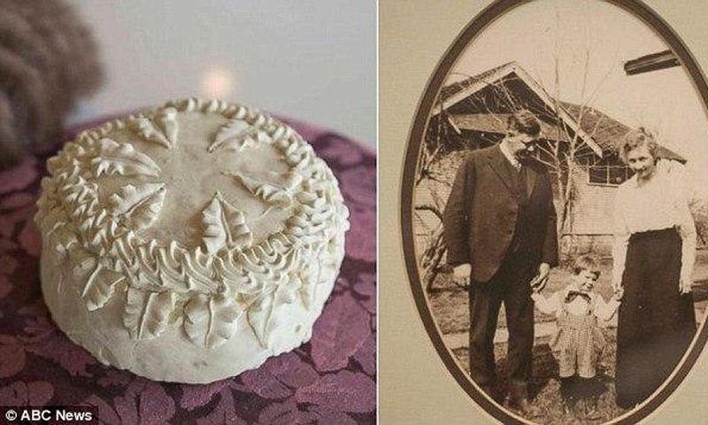 Ronald Warninger came across the 100-year-old cake, left, when cleaning out his garage. It was made for the marriage of his grandparents Harvey and Inez Warninger, right
