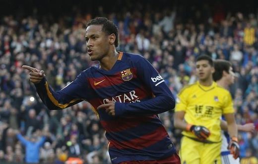 Barcelona's Neymar celebrates scoring the first goal REUTERS/Albert Gea