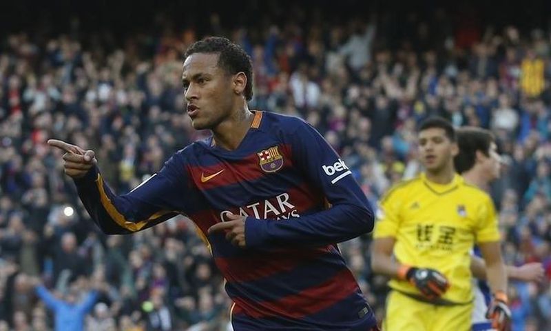 Barcelona's Neymar celebrates scoring the first goal REUTERS/Albert Gea