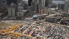 An aerial view shows the central business district in Nigeria's commercial capital of Lagos