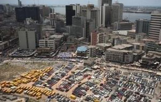 An aerial view shows the central business district in Nigeria's commercial capital of Lagos