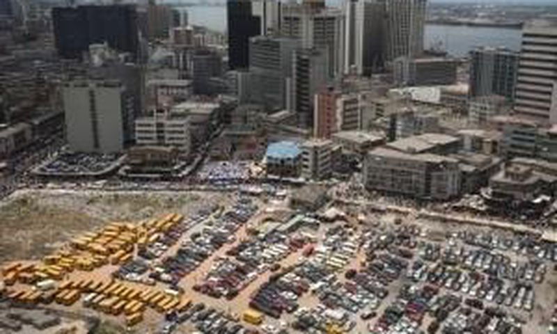 An aerial view shows the central business district in Nigeria's commercial capital of Lagos