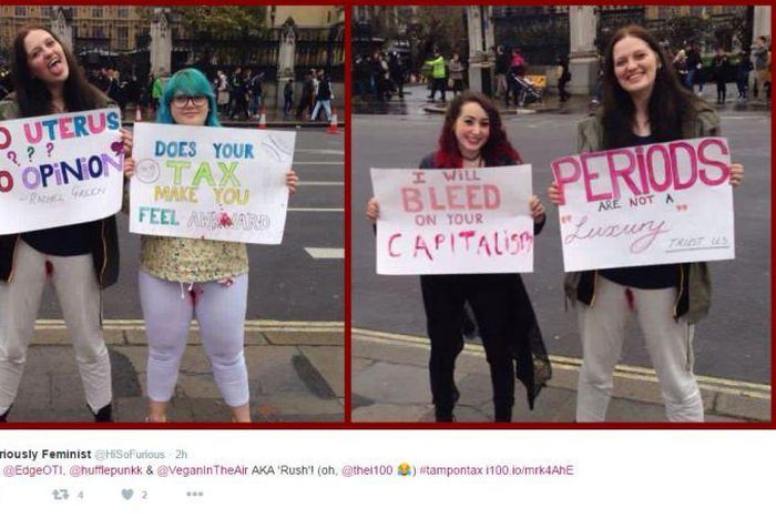 Women menstruate on their white trousers without putting on a pad to campaign against tax [Graphic]