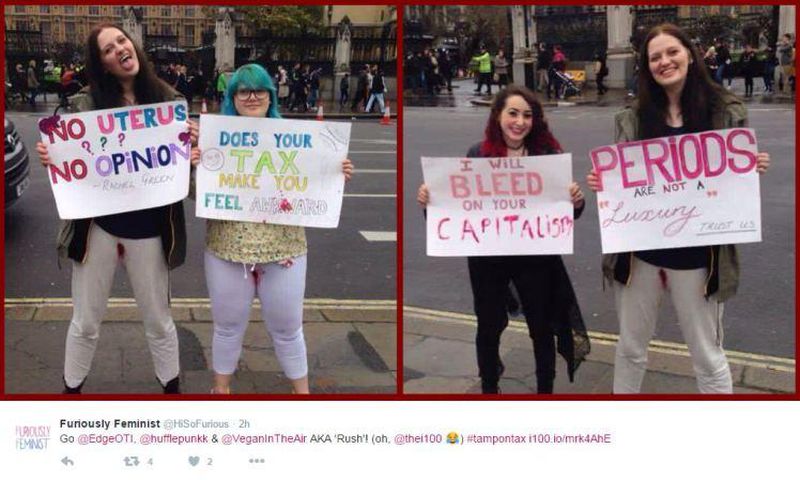 Women menstruate on their white trousers without putting on a pad to campaign against tax [Graphic]