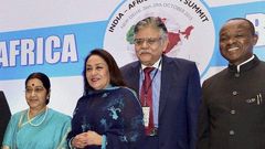 External Affairs Minister Sushma Swaraj with FICCI President Jyotsna Suri, CII President Sumit Mazumdar (2nd R) and others at the inauguration of the India- Africa Business Forum in New Delhi