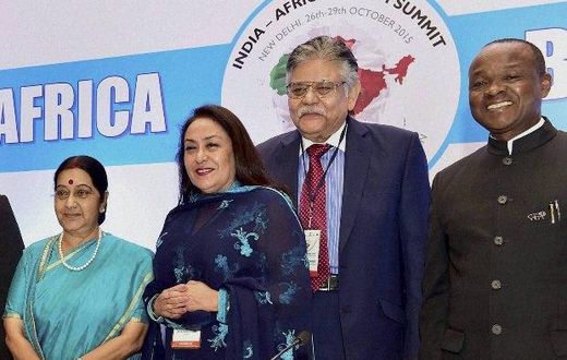 External Affairs Minister Sushma Swaraj with FICCI President Jyotsna Suri, CII President Sumit Mazumdar (2nd R) and others at the inauguration of the India- Africa Business Forum in New Delhi