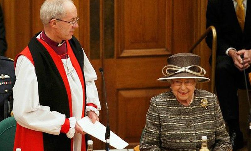 Queen Elizabeth II listens to a speech by the Archbishop of Canterbury, Justin Welby, at Church House Photo: REUTERS