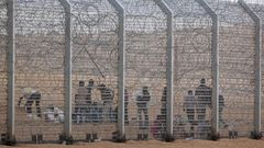 African would-be immigrants stand near the border fence between Israel and Egypt near the Israeli village of Be'er Milcha in a file photo. REUTERS/ Nir Elias