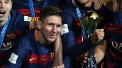 Lionel Messi celebrating Barcelona's World Club Cup win