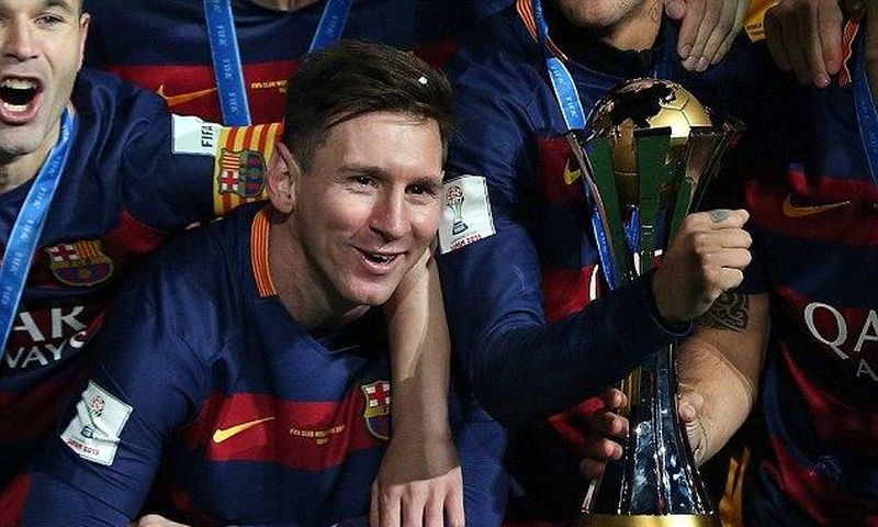 Lionel Messi celebrating Barcelona's World Club Cup win