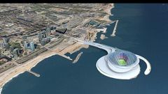 A 150,000-seat stadium off the bay of the city, linked by a bridge.