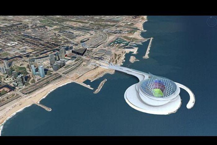 A 150,000-seat stadium off the bay of the city, linked by a bridge.