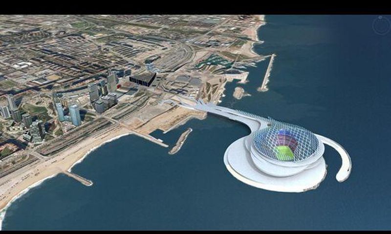 A 150,000-seat stadium off the bay of the city, linked by a bridge.