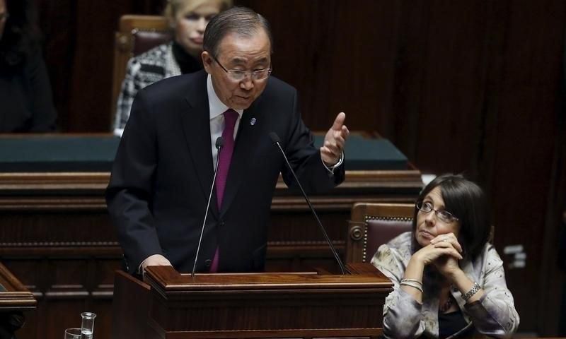 U.N. Secretary General Ban Ki-moon speaks at the Chambers of Deputies in Rome, Italy, October 15, 2015. REUTERS/Remo Casilli