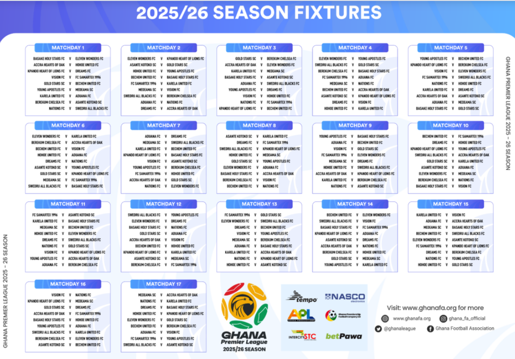 Ghana Premier League 2025/26 Fixtures