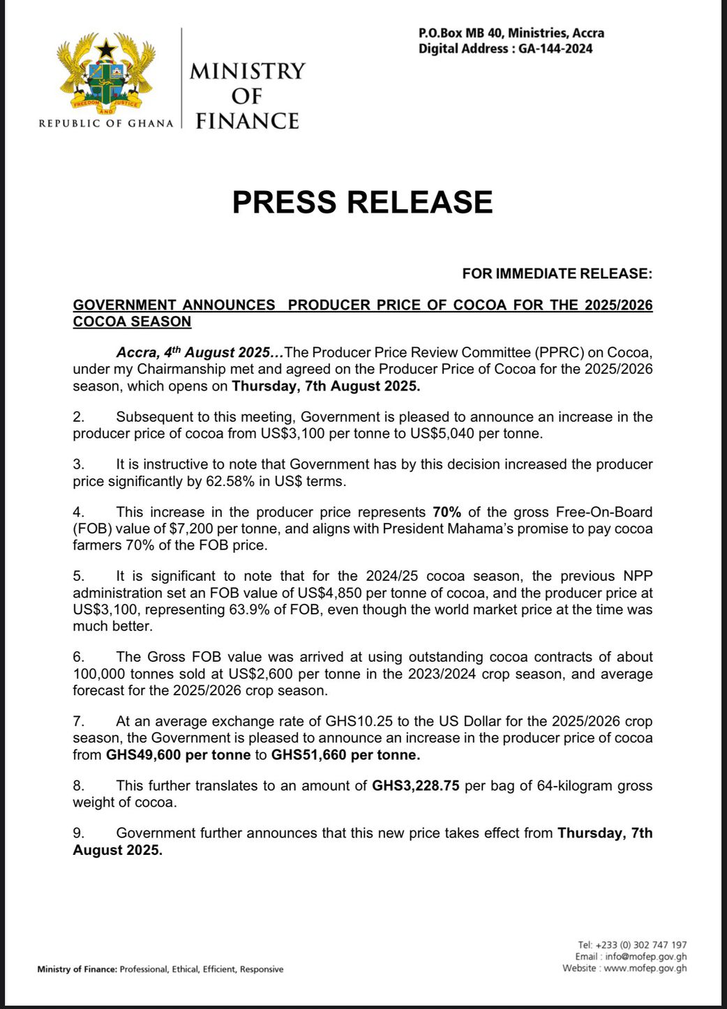 Gov’t increases producer price of cocoa for the 2025/2026 season by 62.58%