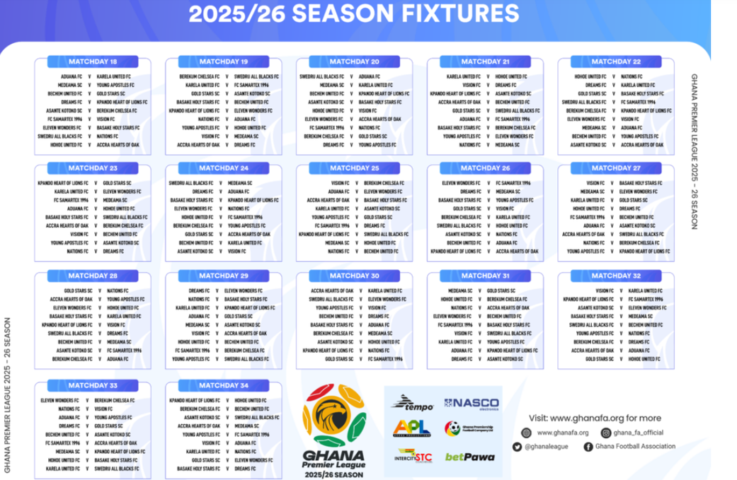 Ghana Premier League 2025/26 Fixtures