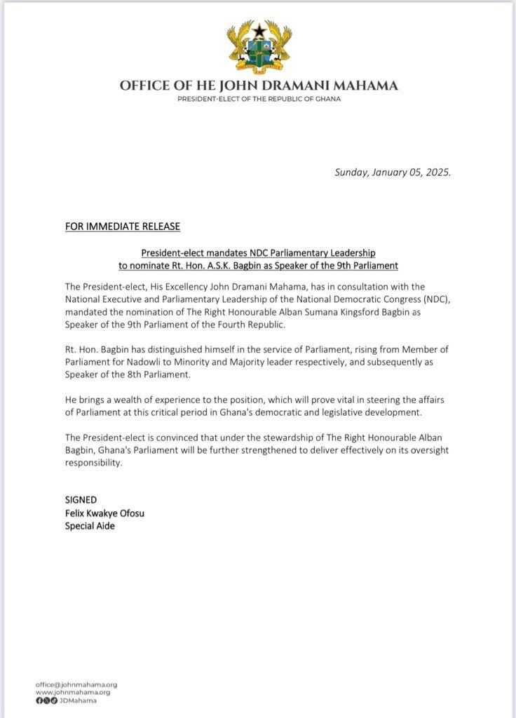 Mahama endorses Alban Bagbin as Speaker of Ghana's 9th parliament