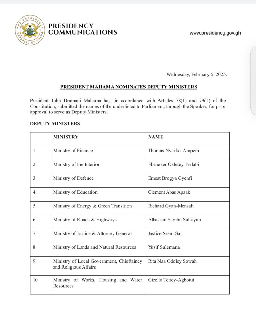 Presidency statement