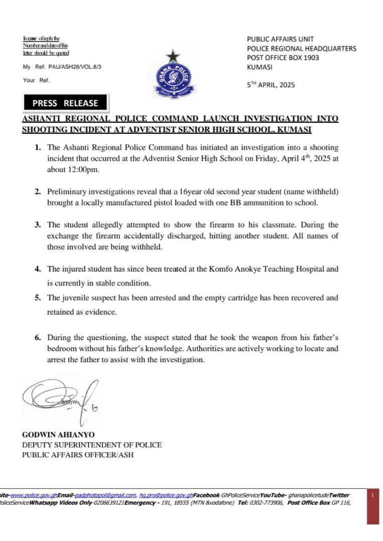 Police launch investigation on SDA SHS shooting