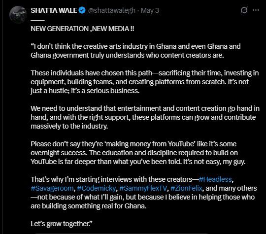 Shatta Wale calls out government over neglect of content creators