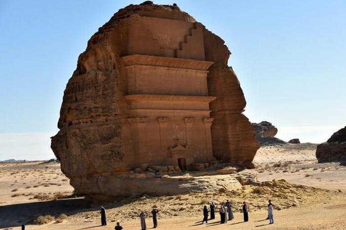 The Qasr al-Farid tomb (The Lonely Castle) carved into rose-coloured sandstone in Madain Saleh, a UNESCO World Heritage site in Saudi Arabia's Al-Ula governorate