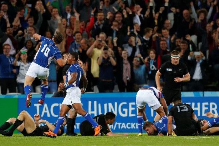 Rugby Union - New Zealand v Namibia - IRB Rugby World Cup 2015 Pool C - Olympic Stadium, London, England - 24/9/15
Johan Deysel Jnr scores the first try for Namibia
Reuters / Eddie Keogh
Livepic