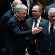 Belgian Foreign Minister Didier Reynders (L) speaks with his Dominican counterpart Miguel Vargas