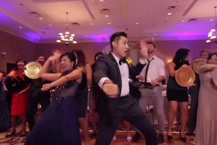 Couple surprise guest with dance video