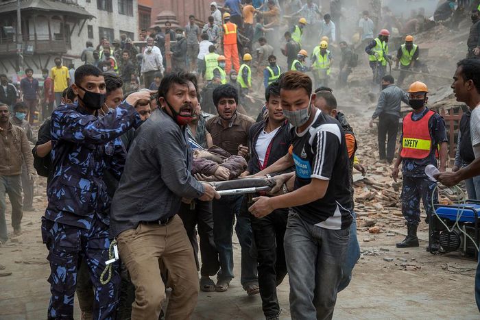 A victim is being rescued from the quake scene in Nepal.