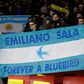 Cardiff fans hold up a banner in the colours of the Argentina flag honouring Emiliano Sala
