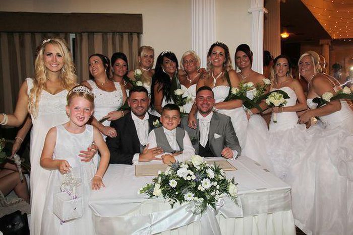 Grooms Deri Rogers and Ben Wood had their ten bridesmaids all dressed up in big white gowns