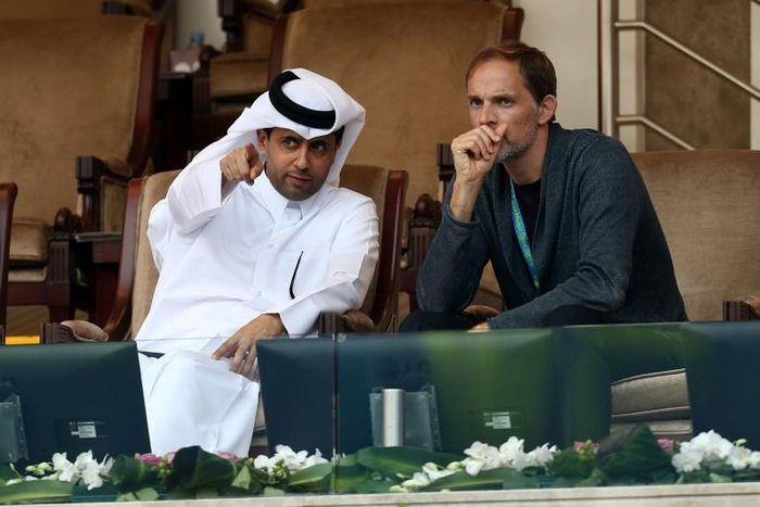 Paris Saint-Germain's Qatari president Nasser Al-Khelaifi with club coach Thomas Tuchel