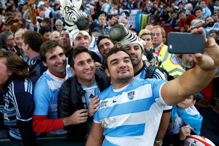 Rugby Union - Argentina v Georgia - IRB Rugby World Cup 2015 Pool C - Kingsholm, Gloucester, England - 25/9/15
Argentina's Agustin Creevy celebrates with fans at the end of the match
Action Images via Reuters / Paul Childs
Livepic