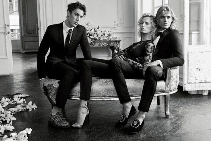 Model Karolina Kurkova, Ton Heukels and Iasonas Laios for Giuseppe Zanotti’s Fall 2015 campaign