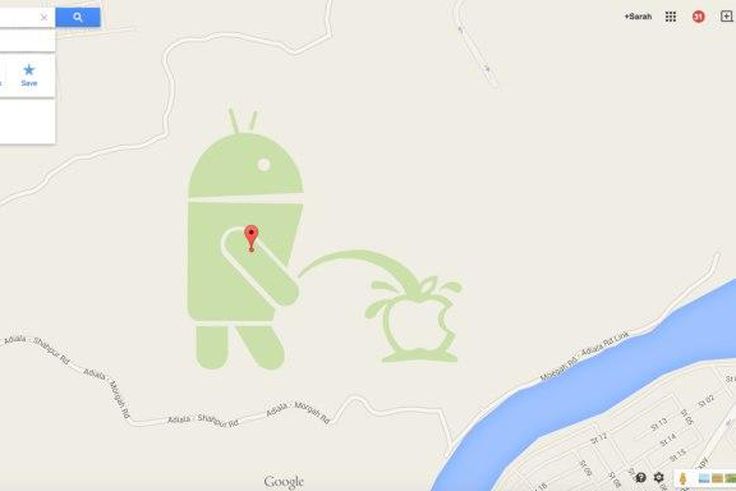 The hack showing the Android urinating on the Apple logo.